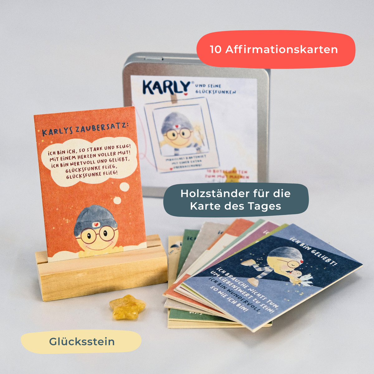 Affirmations-Kartenset (10 Karten + Holzständer)