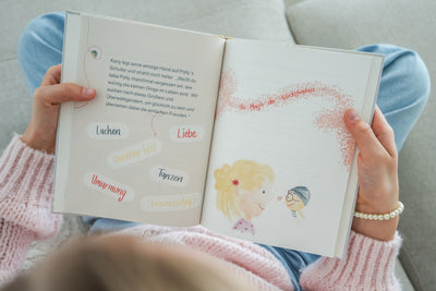 Buch „Karly und die Magie seiner Glücksfunken“ – Blick ins Buch während eine Person liest